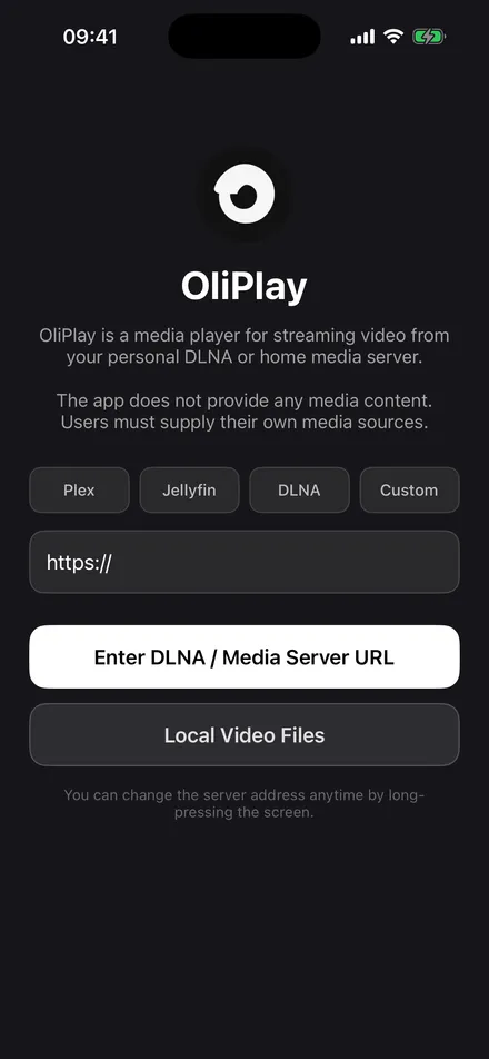 OliPlay connect screen with Plex, Jellyfin, DLNA and Custom server options