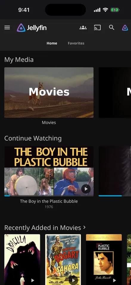 A home media library open in OliPlay with My Media and Continue Watching rows